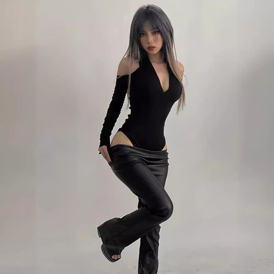 Damen Körperbetonter Langarm-Bodysuit mit tiefem V-Ausschnitt und raffinierten Rüschendetails R&B