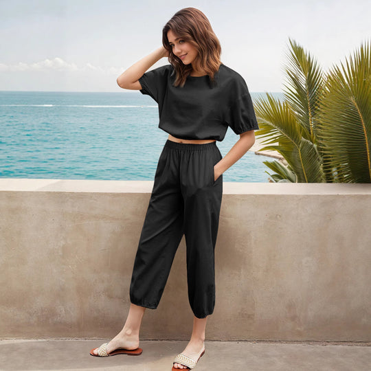 Damen modisches Zweiteiler-Set mit elastischem Bund und stylischen Puffärmel R&B