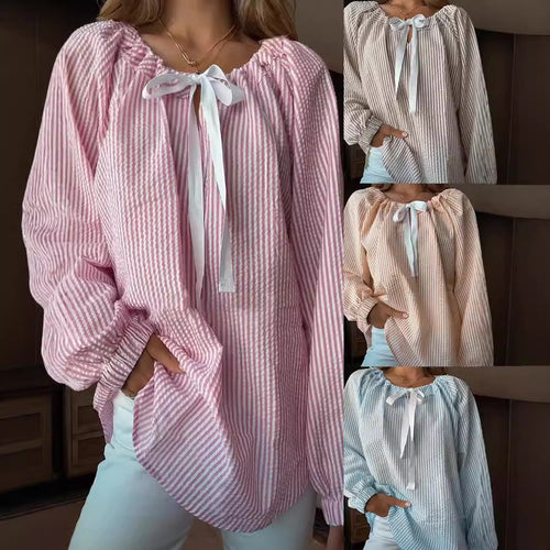 Damen Bluse mit elastischem Ausschnitt und Schleifenbindung R&B