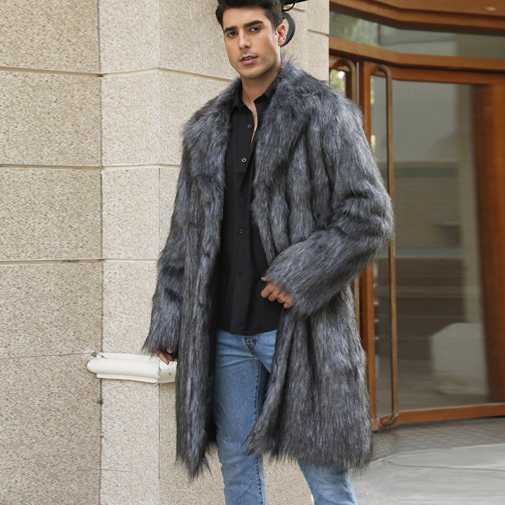 Herren Eleganter Kunstpelz-Mantel mit breitem Kragen und Relaxed Fit R&B