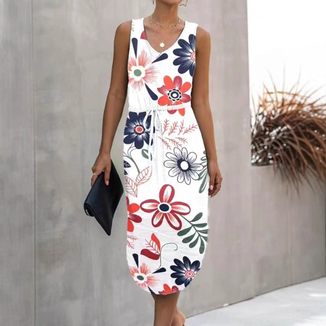 Damen Blumenmaxikleid mit elastischem Taillenkordelzug und seitlichem Schlitz R&B