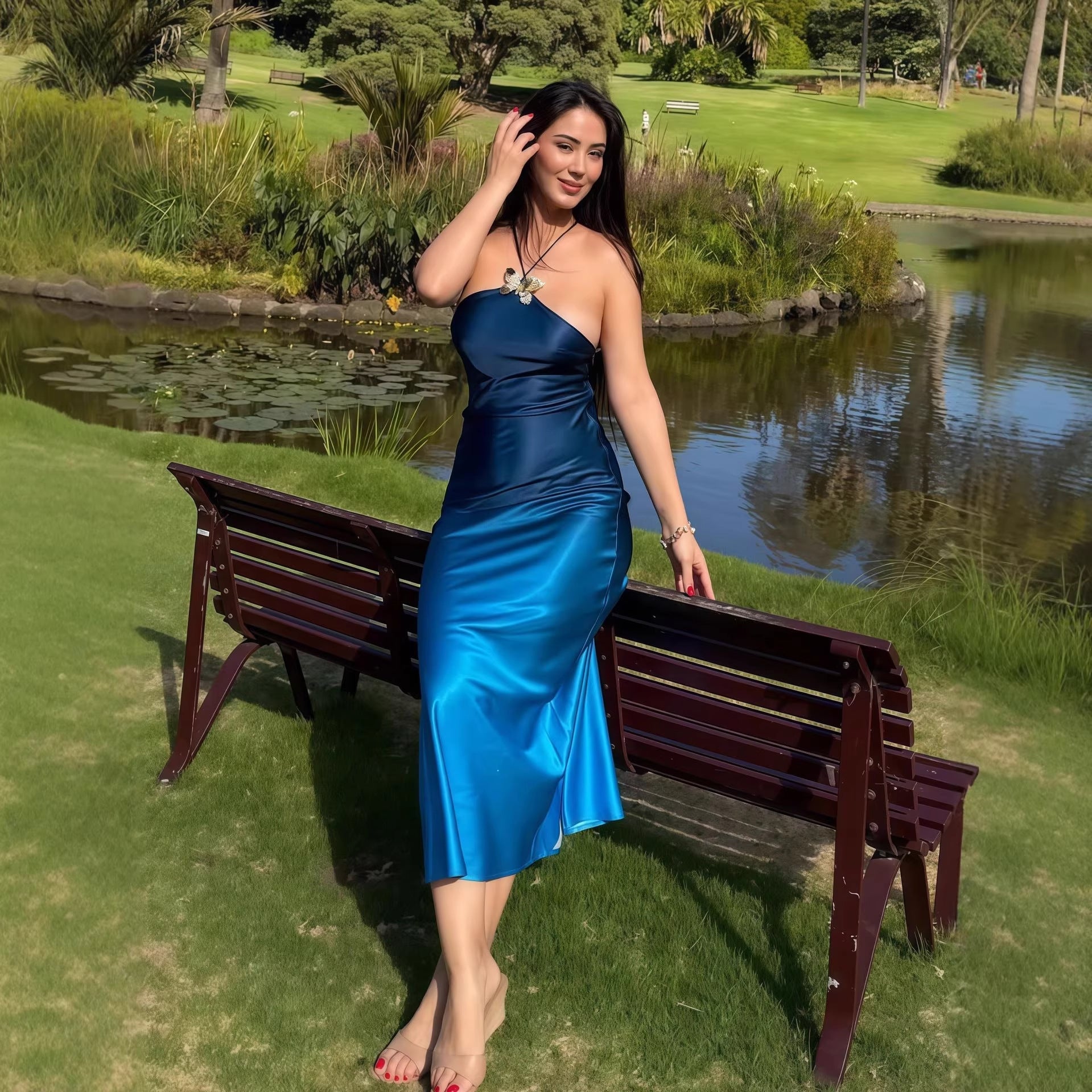 Damen lässiges Maxikleid mit elegantem Halterneck und einzigartigem Farbverlauf R&B