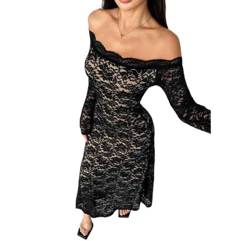 Damen Spitzenlangarmkleid mit schulterfreiem Design und eleganter Transparenz R&B