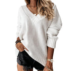 Damen Grobstrickpullover mit V-Ausschnitt und lässigem Schnitt R&B