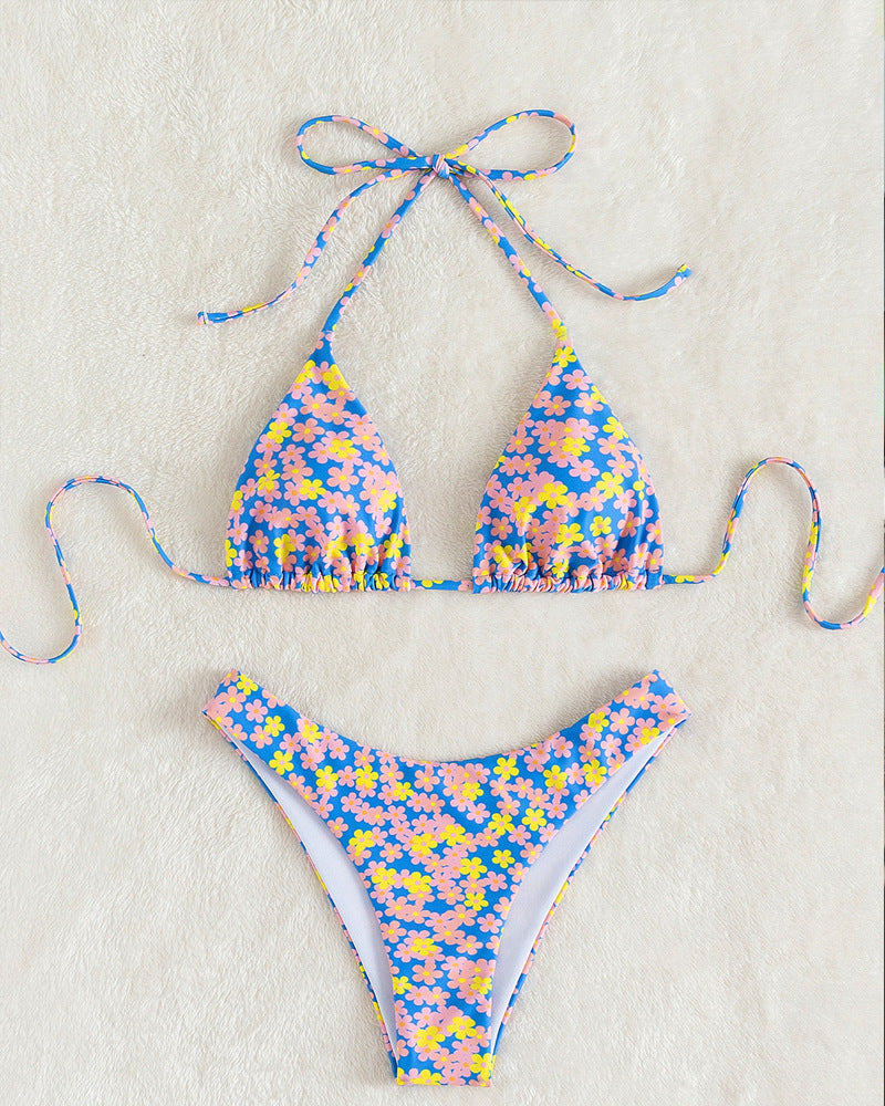 Damen Triangel-Bikini-Set mit floralem Muster und hohen Beinausschnitten R&B