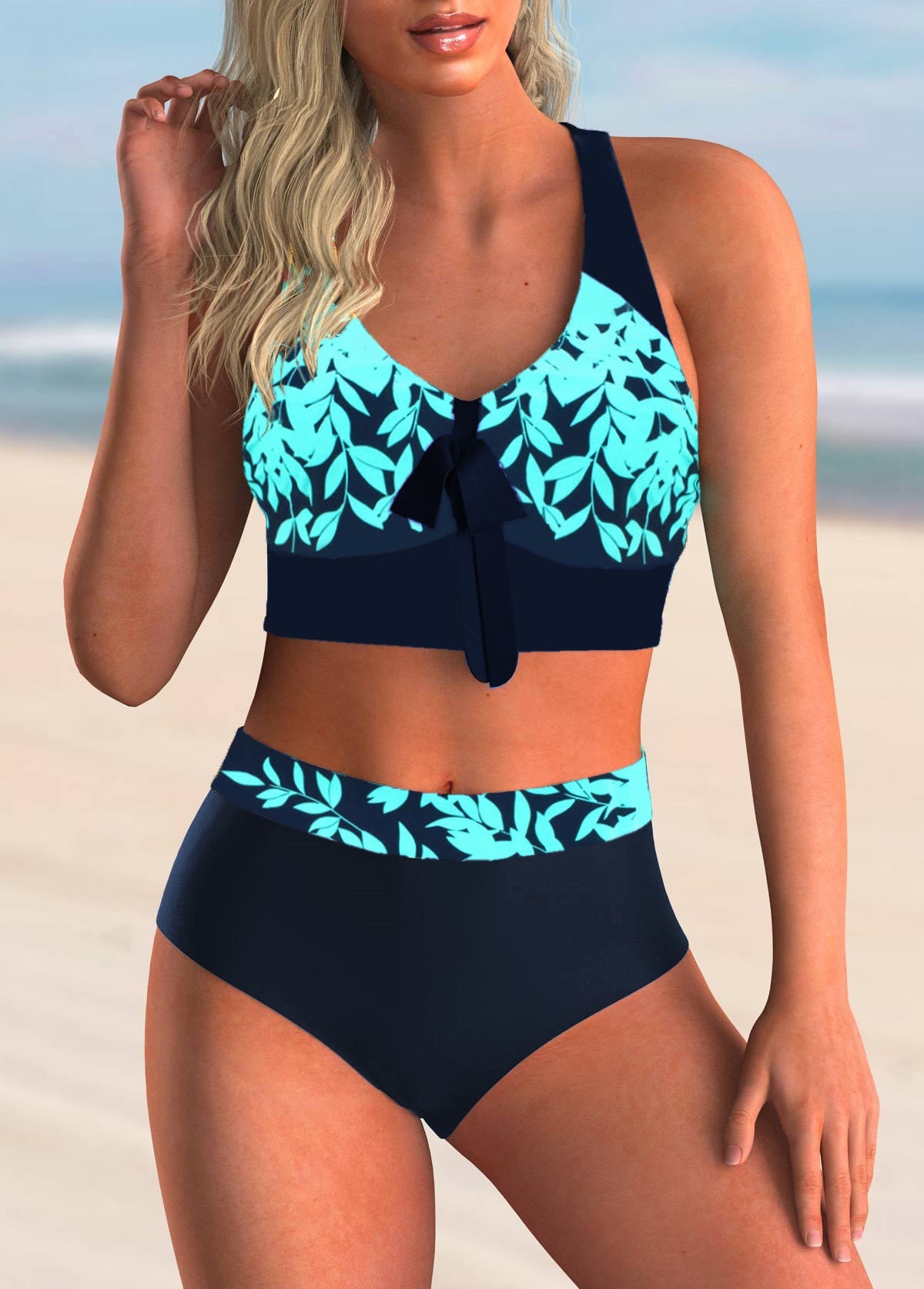 Damen Hochtailliertes Bikini-Set mit floralem Muster und bindbaren Design R&B