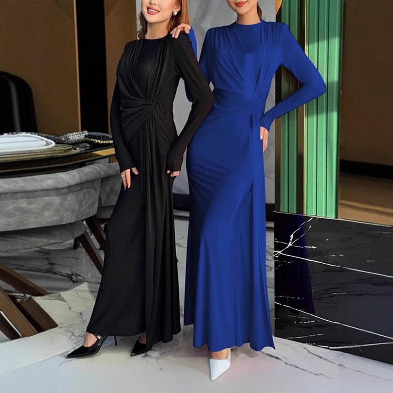 Damen Elegantes Longdress mit Raffung und hohem Kragen R&B