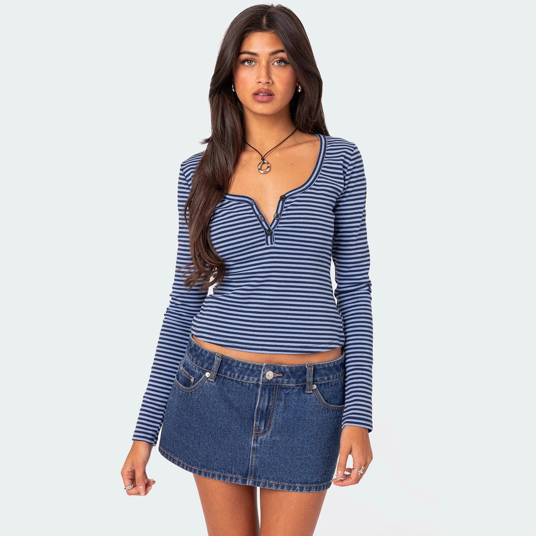 Damen Langarmshirt mit dehnbarem Streifenmuster und figurbetontem Schnitt R&B