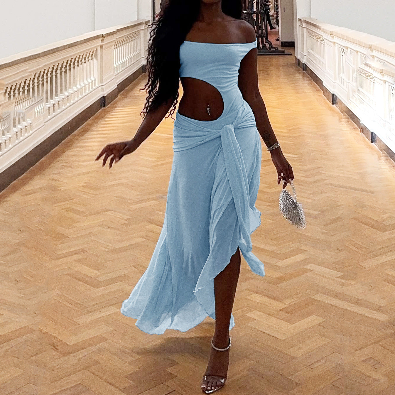 Damen Elegantes Maxikleid mit asymmetrischem Ausschnitt und raffiniertem Wickeldesign R&B