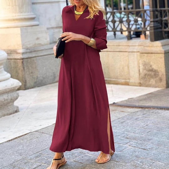 Damen Maxikleid mit elegantem V-Ausschnitt und seitlichen Schlitzen R&B