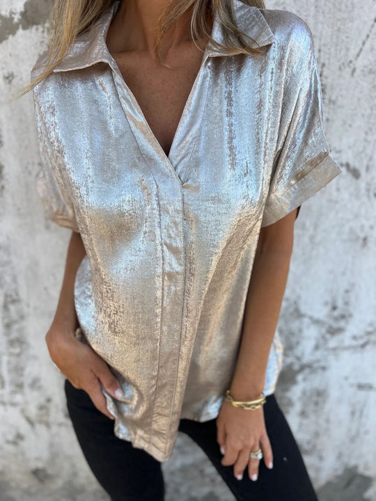 Damen Elegante und lässige Satinbluse mit kurzen Ärmeln R&B