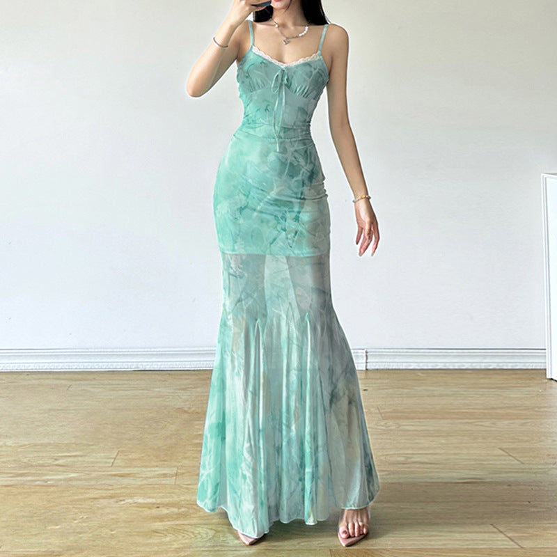 Damen Maxikleid mit fließendem Schnitt und romantischen Transparenzakzenten R&B