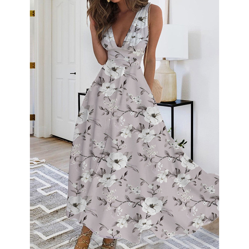 Damen Maxikleid mit tiefem V-Ausschnitt und floralem Wasserfarben-Muster R&B
