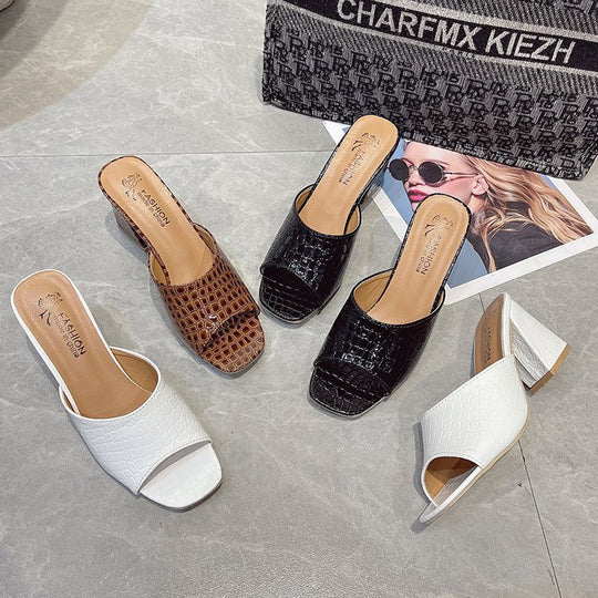 Damen Schicke Peeptoe-Pantoletten aus hochwertigem Leder mit Kroko-Optik R&B