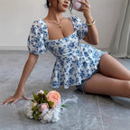 Damen Raffiniertes Oberteil mit Puffärmeln und floralem Design R&B