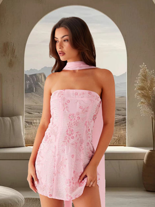 Damen elegantes schulterfreies Minikleid mit aufwendiger floralem Stickerei R&B