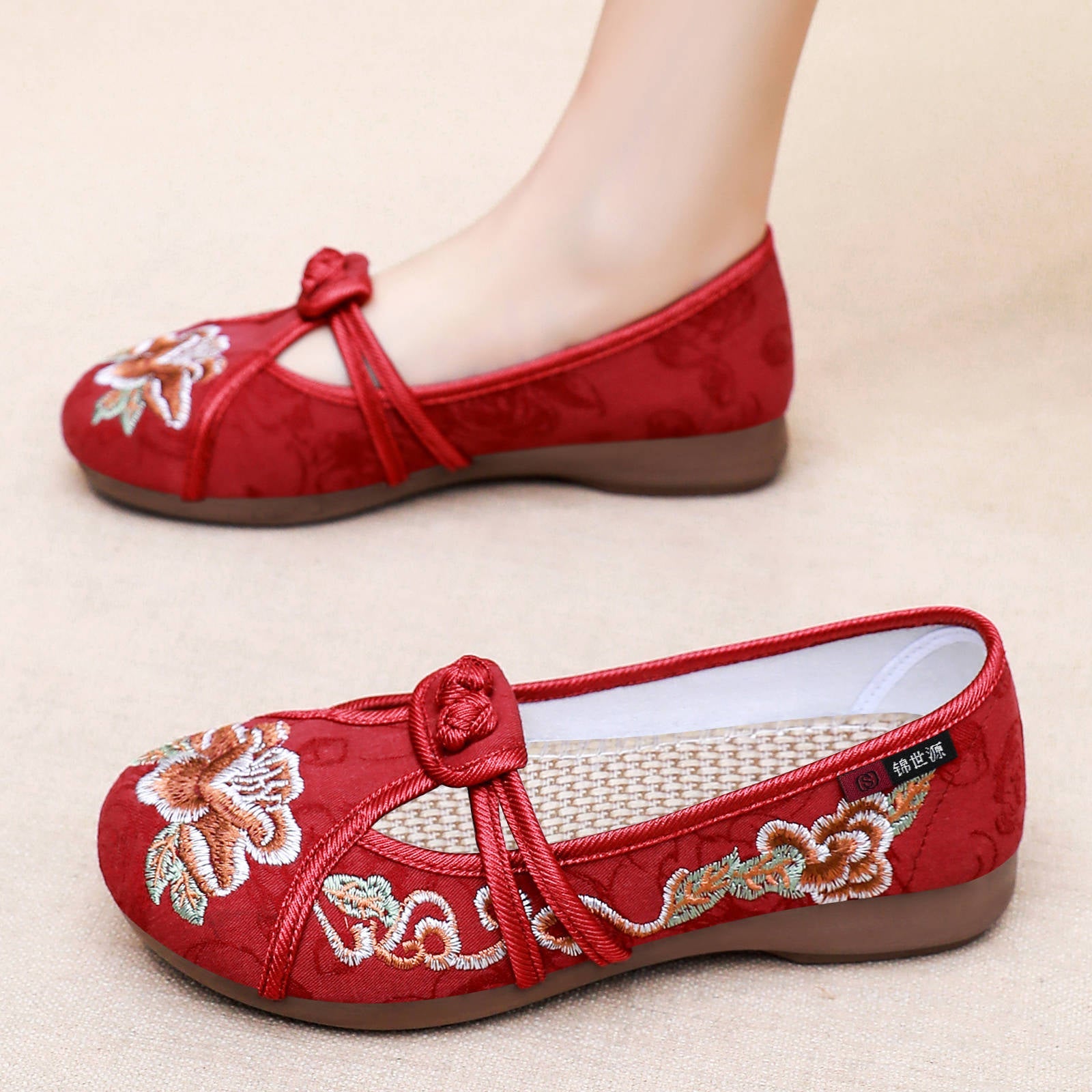 Damen Ballerinas mit kunstvollem Blumenstickerei und elastischem Riemen R&B