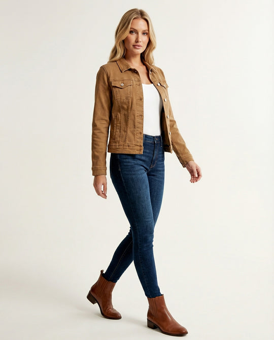 Damen Mode kurze klassische Jeansjacke mit aufgesetzten Brusttaschen und verkürztem Saum R&B
