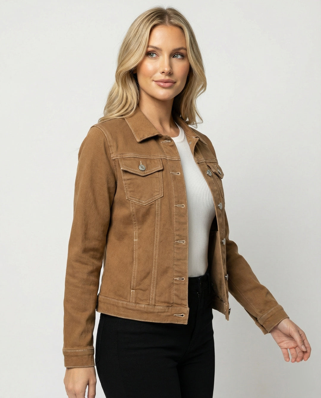Damen Mode kurze klassische Jeansjacke mit aufgesetzten Brusttaschen und verkürztem Saum R&B