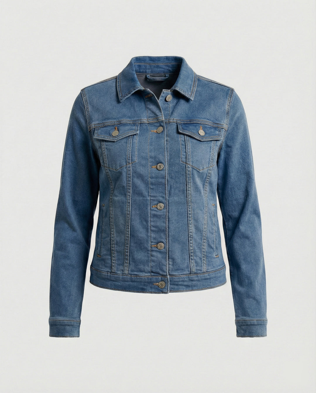 Damen Mode kurze klassische Jeansjacke mit aufgesetzten Brusttaschen und verkürztem Saum R&B