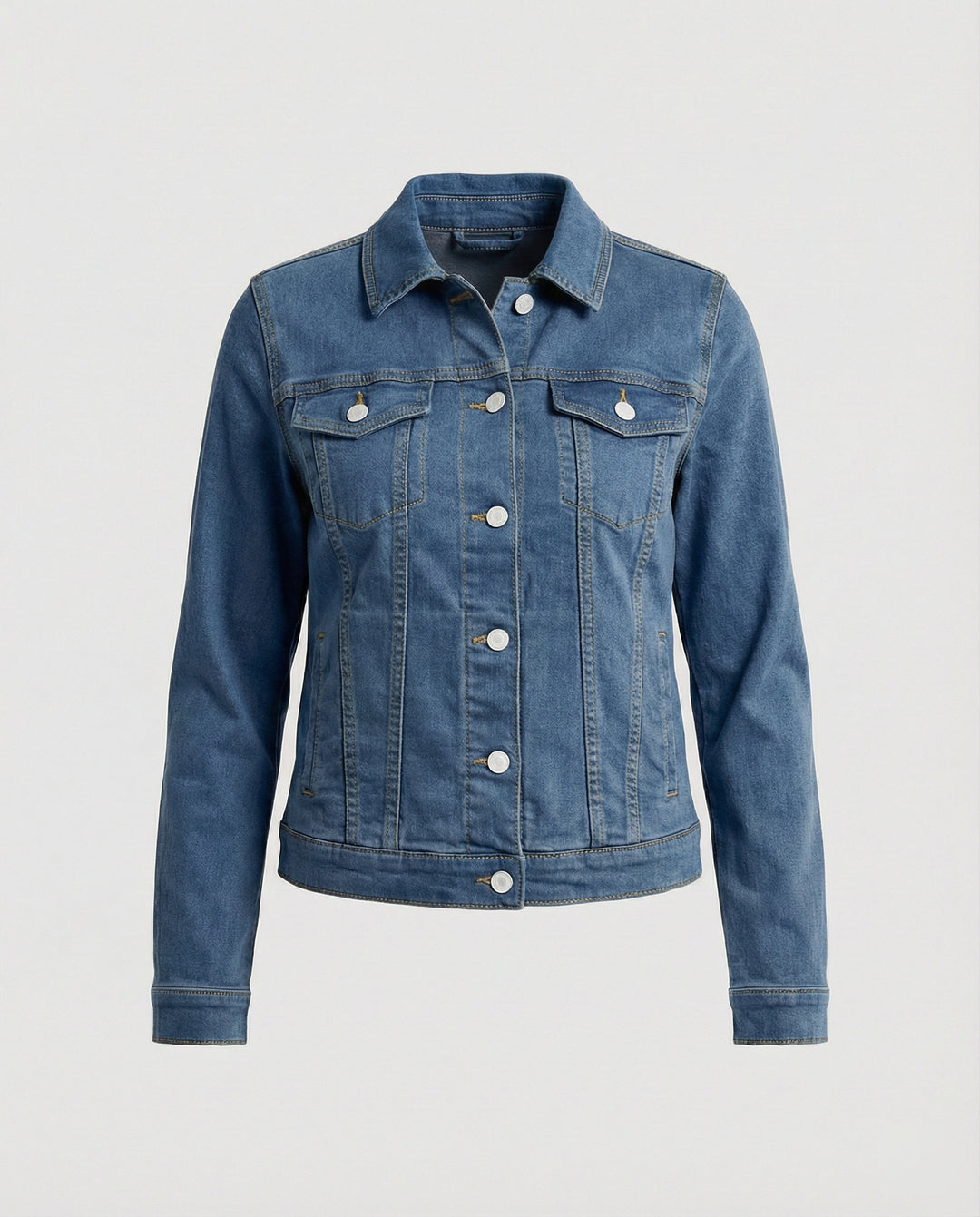 Damen Mode kurze klassische Jeansjacke mit aufgesetzten Brusttaschen und verkürztem Saum R&B