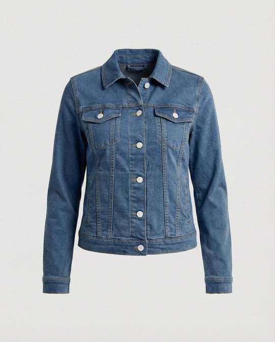 Damen Mode kurze klassische Jeansjacke mit aufgesetzten Brusttaschen und verkürztem Saum R&B