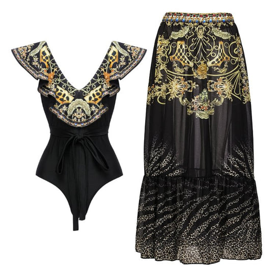 Damen Einteiler Badeanzug mit elegantem Design und passendem Wickeltuch R&B