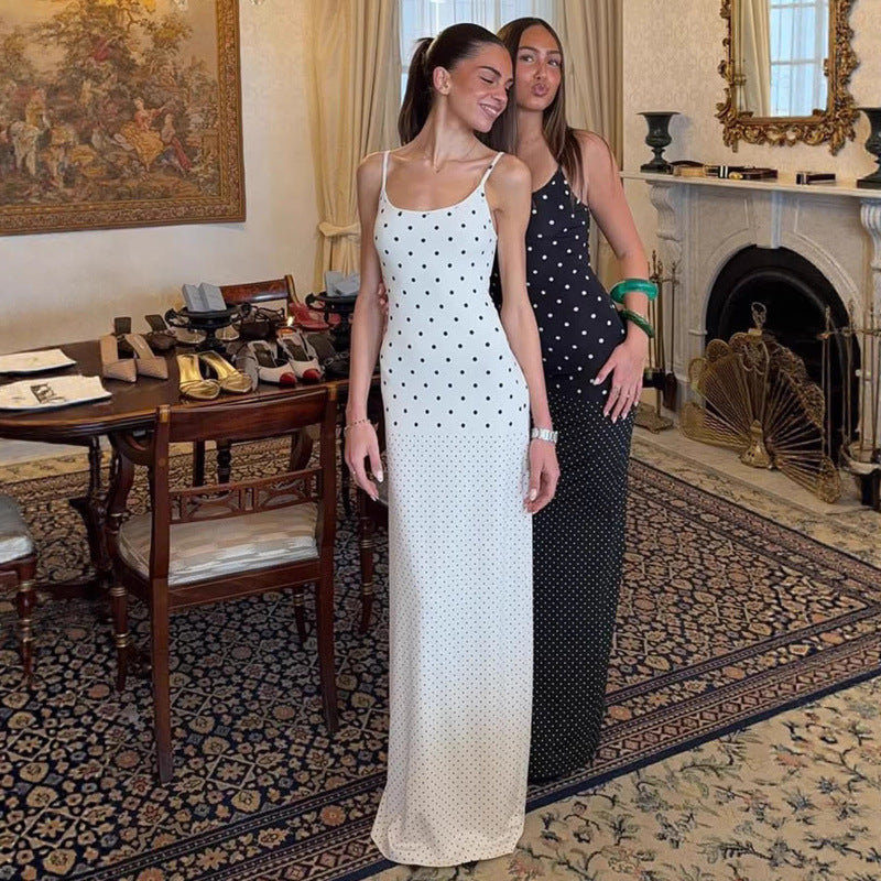 Damen Elegantes Polka-Dot Maxikleid mit verstellbaren Trägern und fließendem Schnitt R&B