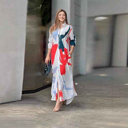 Damen lässiges Hemdblusenkleid mit buntem Grafikdruck und praktischen Taschen R&B