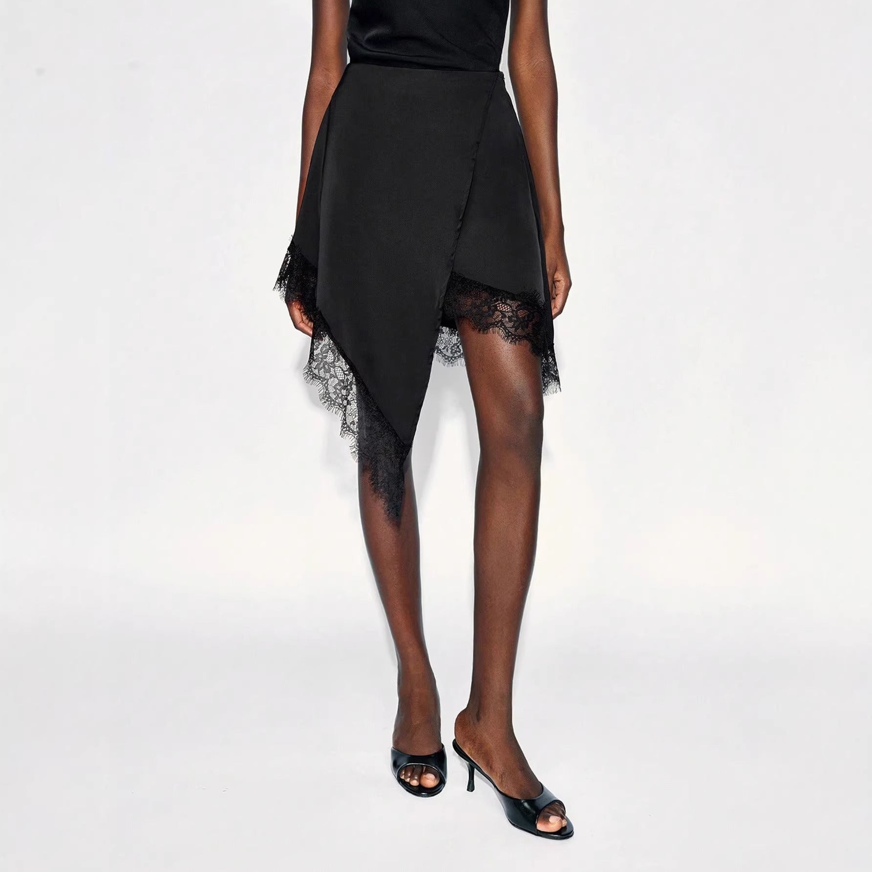 Damen nan asymmetrischer Wickelrock mit Spitzenbesatz und satinähnlichem Fall R&B