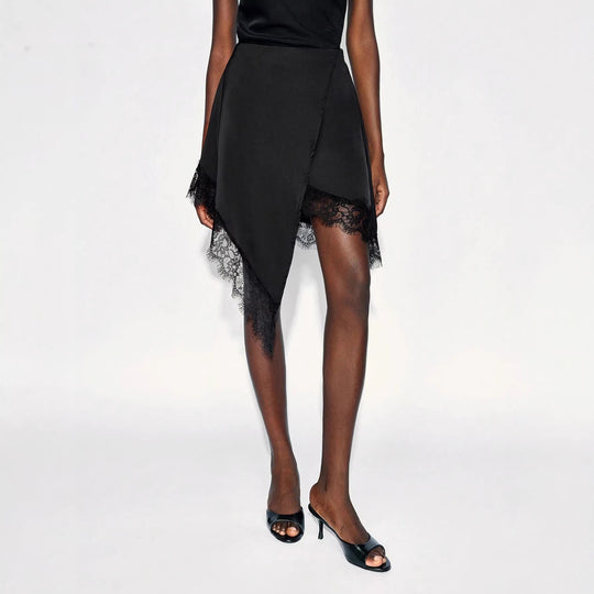 Damen nan asymmetrischer Wickelrock mit Spitzenbesatz und satinähnlichem Fall R&B
