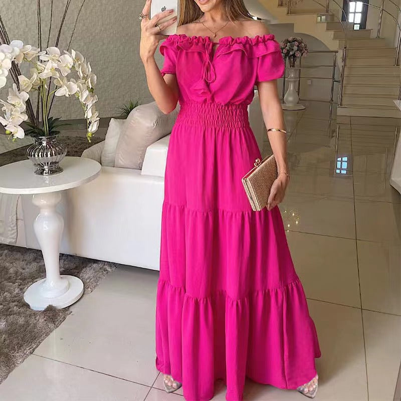 Damen Maxikleid mit Schulterfreiem Design und Voluminösen Rüschen R&B