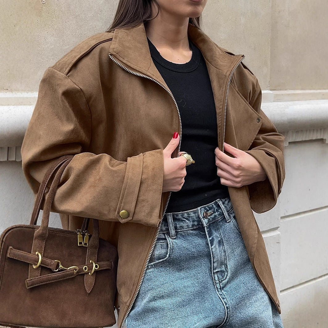 Damen Modische Suede-Bomberjacke mit praktischen Taschen und Reißverschluss R&B