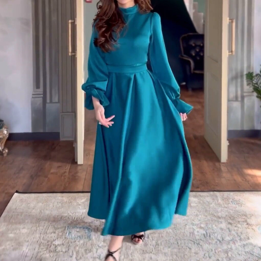 Damen Fließendes Abendkleid mit eleganten Puffärmeln und hohem Kragen R&B