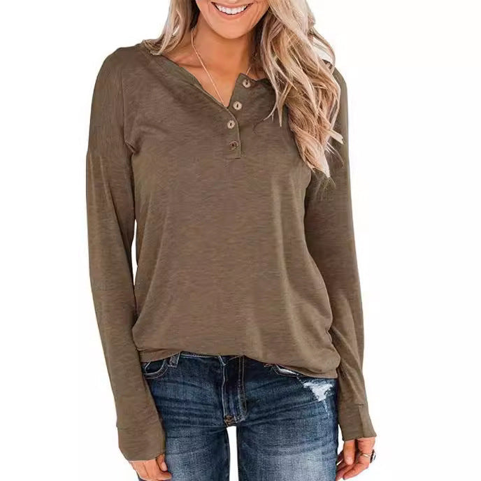 Damen modisches Langarm-Henley-Shirt mit Knopfleiste R&B