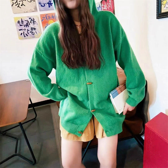Damen stylische Strickjacke mit Kapuze und dekorativen Knöpfen R&B