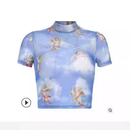 Damen Hochgeschlossenes Crop-Top mit romantischem Engelmotiven R&B