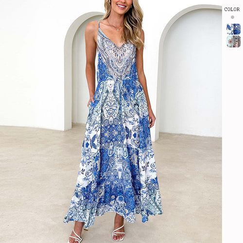 Damen Maxikleid im eleganten Ethno-Design mit Taschen und feinem V-Ausschnitt R&B