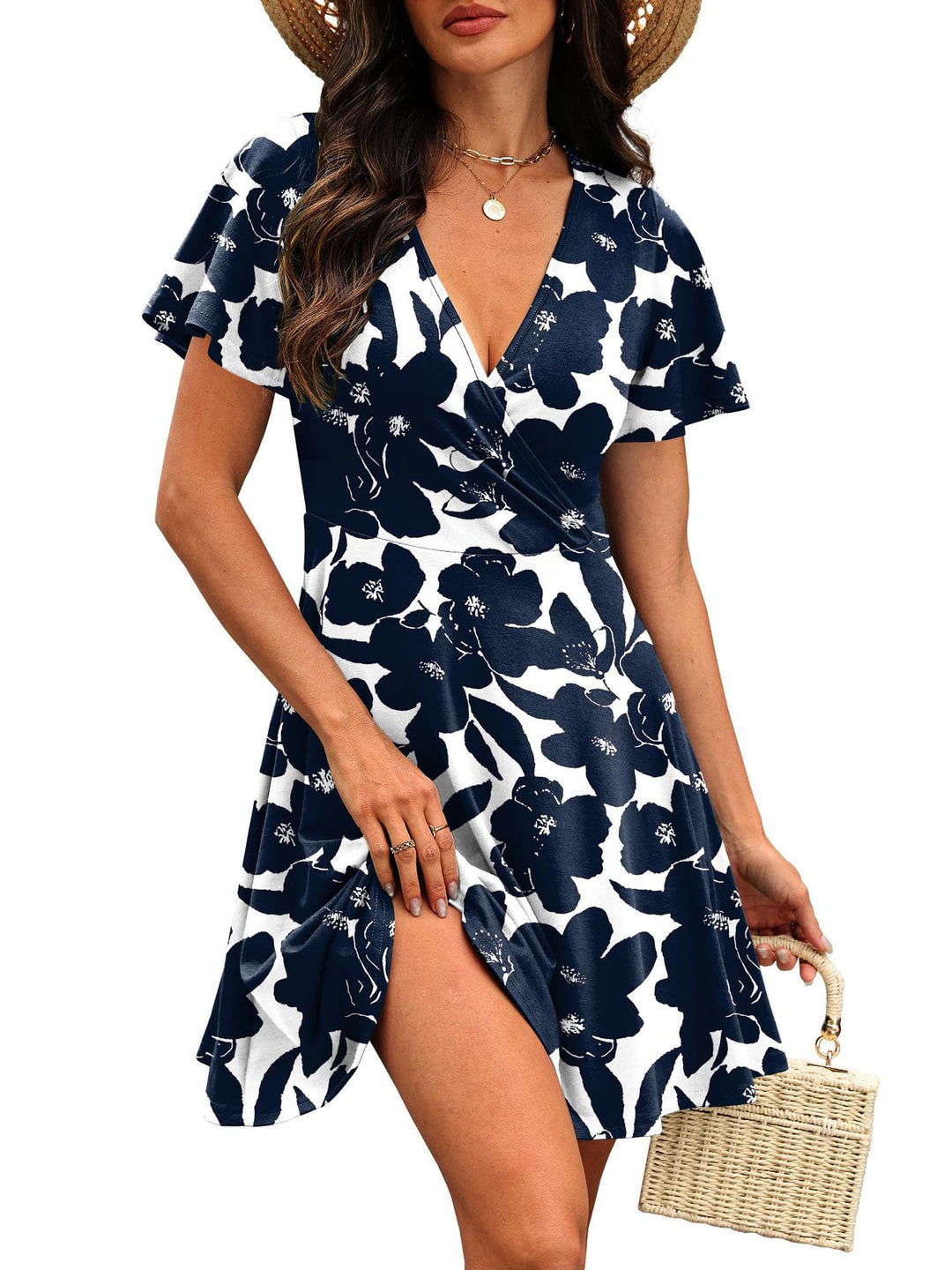 Damen Kurzärmeliges Wickelkleid mit floralen Mustern und V-Ausschnitt R&B