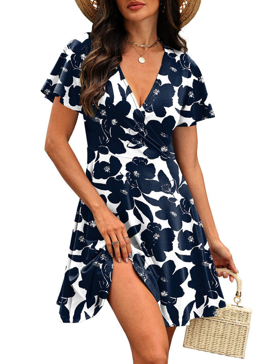 Damen Kurzärmeliges Wickelkleid mit floralen Mustern und V-Ausschnitt R&B