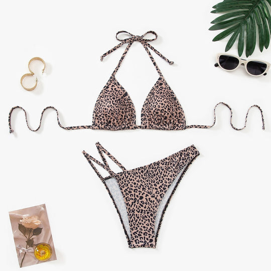 Damen Triangel-Bikini mit verstellbaren Trägern und modischem Leopardenmuster R&B