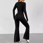 Damen Langarm Jumpsuit mit elegantem Quadrat-Ausschnitt und weitem Bein R&B