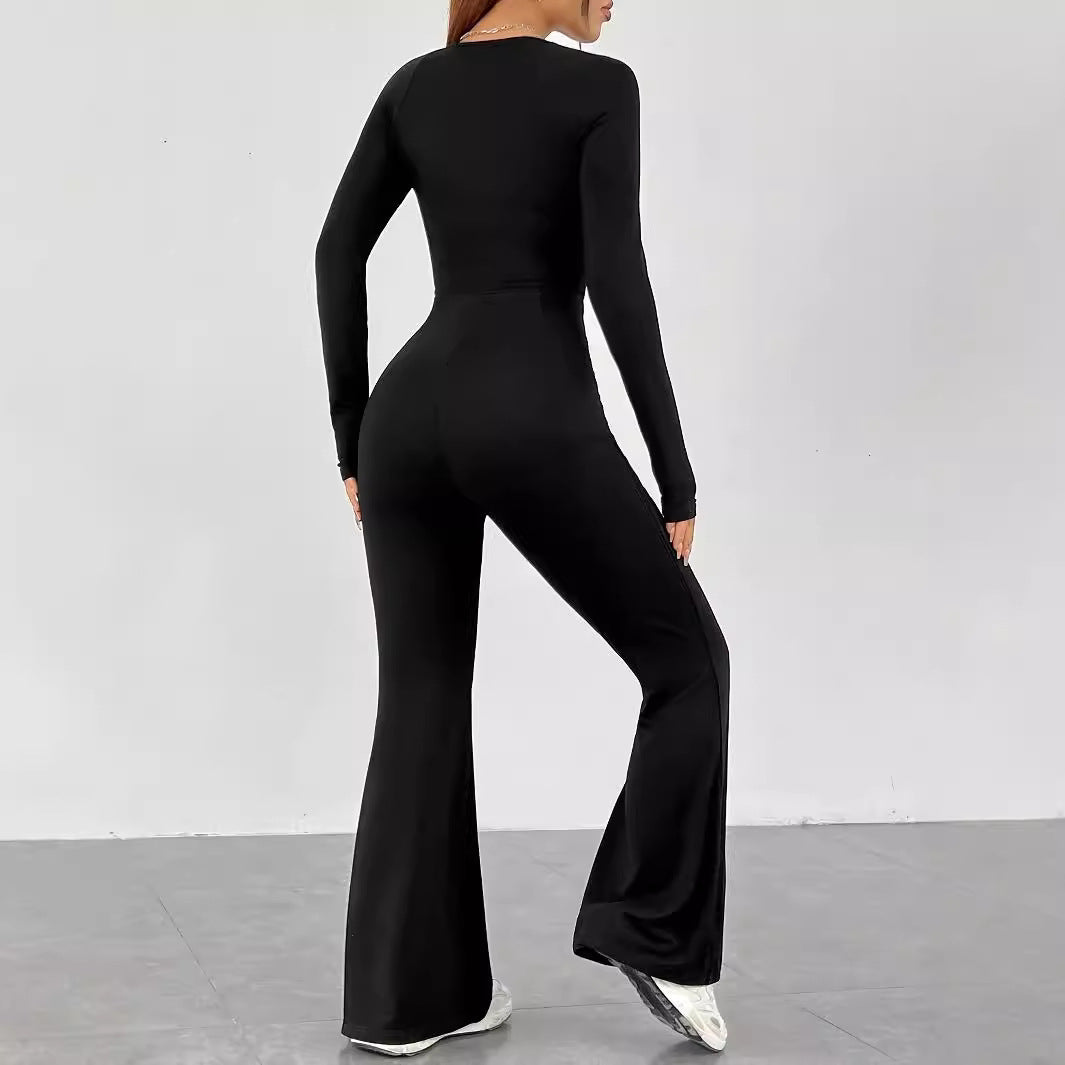 Damen Langarm Jumpsuit mit elegantem Quadrat-Ausschnitt und weitem Bein R&B