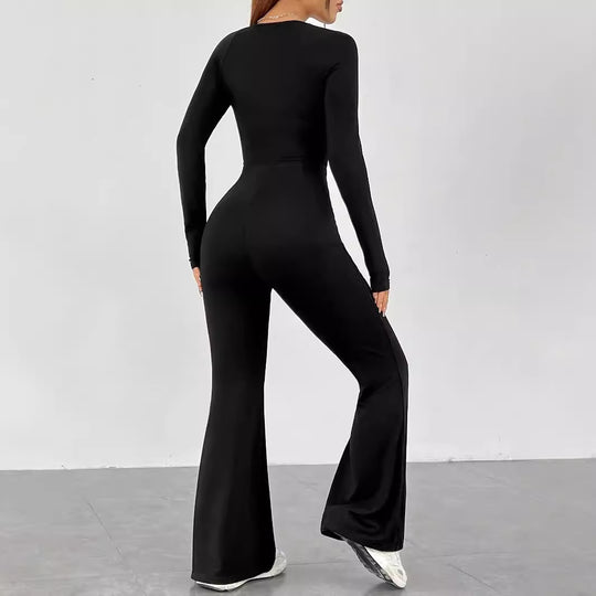 Damen Langarm Jumpsuit mit elegantem Quadrat-Ausschnitt und weitem Bein R&B