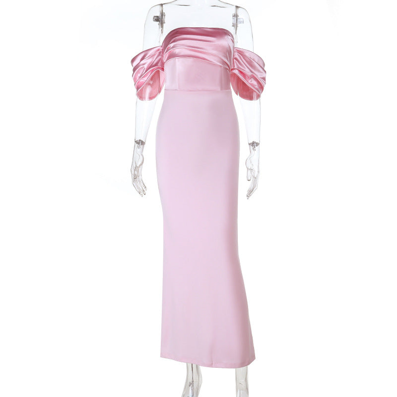 Damen schulterfreies Maxikleid mit elegantem Wickeldetail und voluminösen Puffärmeln R&B
