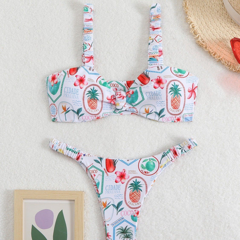 Damen Triangel-Bikini mit tropischem Druck und zarten Rüschen R&B