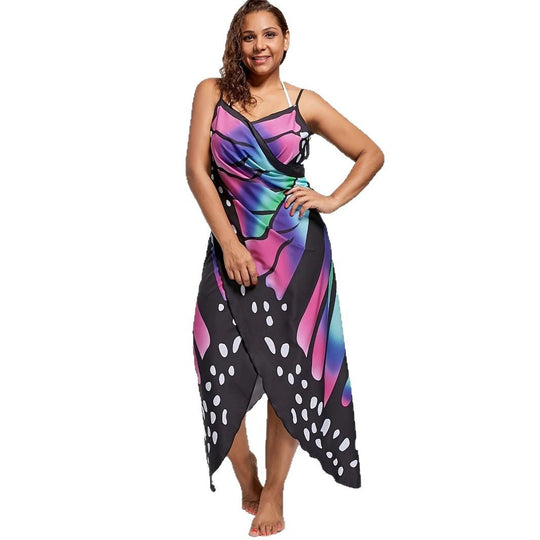 Damen Maxikleid mit verspieltem Wickeldesign und buntem Schmetterlingsmuster R&B