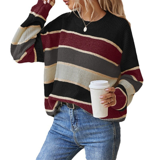 Damen lässiger Grobstrickpullover mit Farbblockmuster und weitem Schnitt R&B