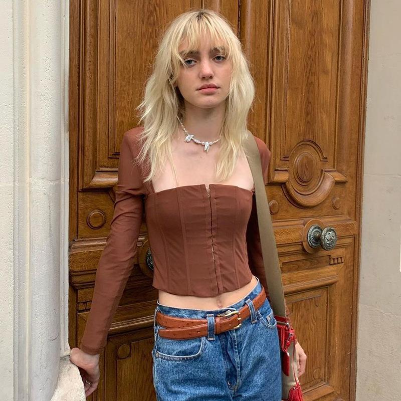 Damen Cropped Oberteil mit transparenten Ärmeln und strukturiertem Schnitt R&B