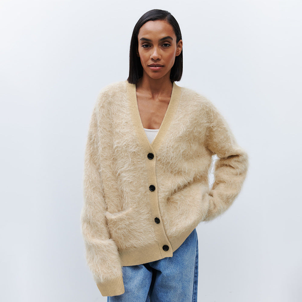 Damen Weicher Cardigan aus Mohair mit Knöpfen R&B
